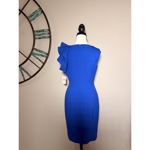 Calvin Klein Dress Royal Blue Sleeveless Lined Sheath Ruffle Accent Size 8 NWT - Picture 2 of 5